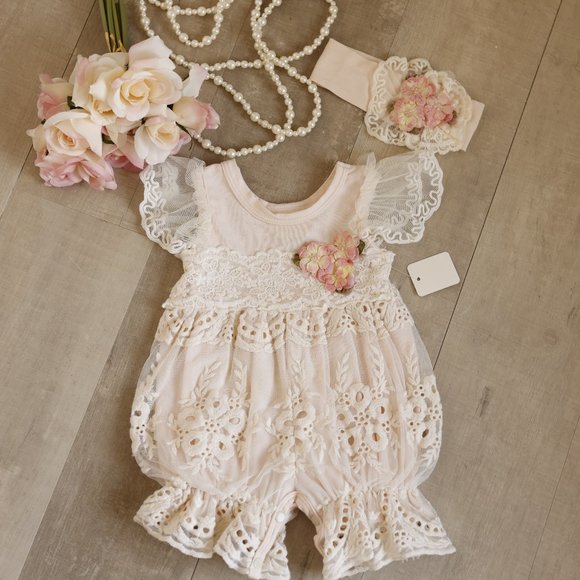 Ivory Embroidered Lace Romper AND Headband NWT Couture Boutique Peach Blush
